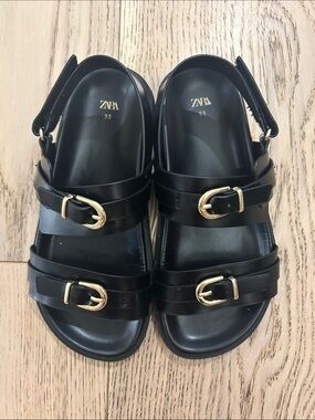 NEW! ZARA Black Double-Buckle Slingback Sandals with Gold Hardware
